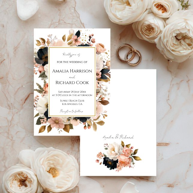 Convite de Casamento Floral Dourado Preto Personal (Criador carregado)