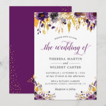 Convite de Casamento Floral Dourado Roxo