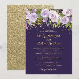 Convite de Casamento Floral Dourado Roxo Brilhante