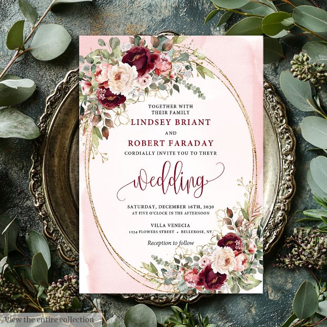 Convite de Casamento Floral Dourado Vermelho Profu (Whimsical Boho Deep Red Gold Floral Wedding Invite)