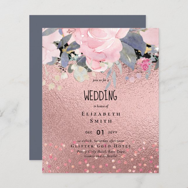 Convite de casamento Floral Dusty Blue Rosegold (Frente/Verso)