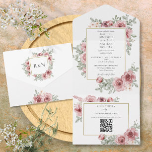 Convite de Casamento Floral Dusty Rose Código QR