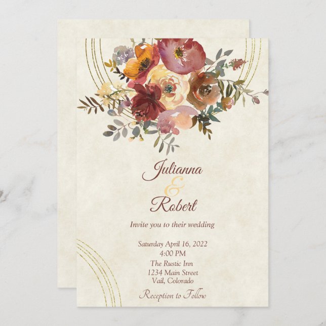 Convite de casamento floral e de ouro personalizad (Frente/Verso)