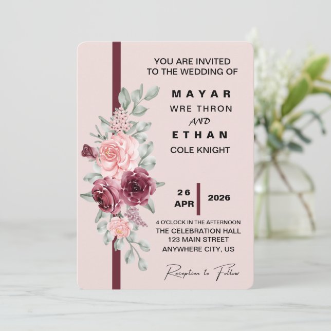 Convite de Casamento Floral Elegante (Em pé/Frente)