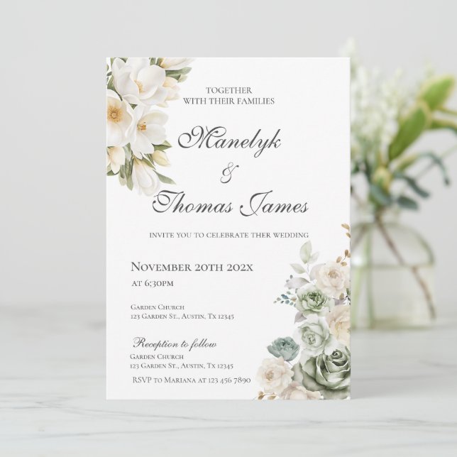 Convite de Casamento Floral Elegante (Em pé/Frente)