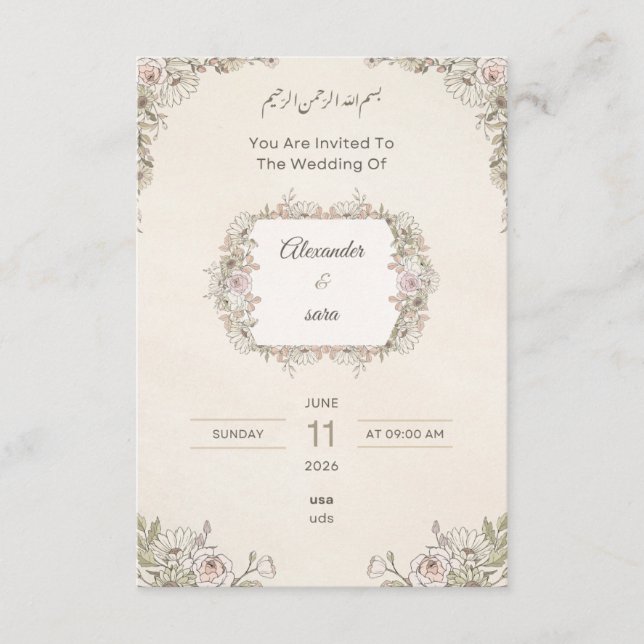 Convite de Casamento Floral Elegante – Árabe e Ing (Frente)