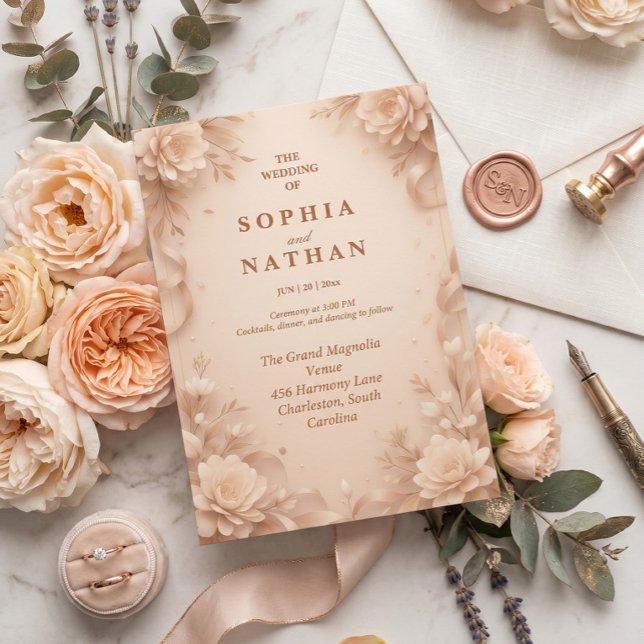 Convite de Casamento Floral Elegante Bege  (Criador carregado)