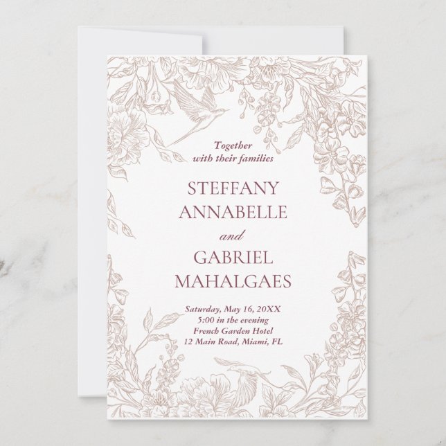 Convite de Casamento Floral Elegante Bege Minimali (Frente)