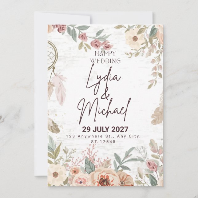 Convite de Casamento Floral Elegante | Boho Rústic (Frente)