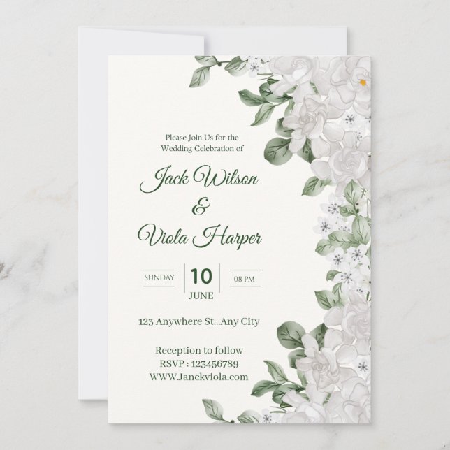 Convite de Casamento Floral Elegante – Branco & Ve (Frente)