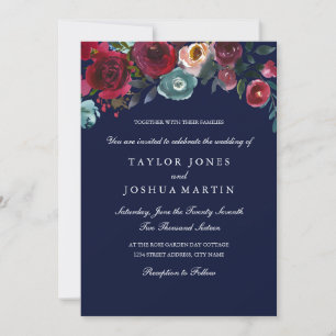 Convite de Casamento Floral Elegante Burgundy Navy