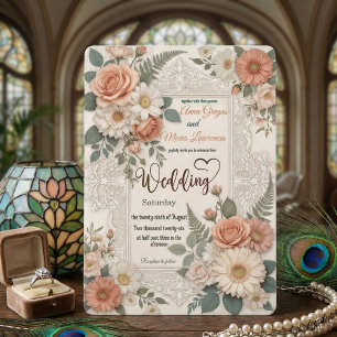 Convite de Casamento Floral Elegante com Relevo Fa