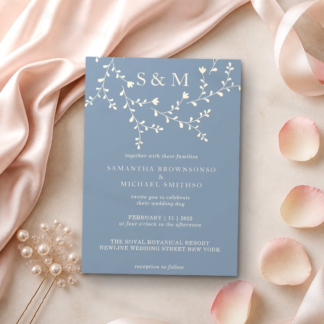 Convite de Casamento Floral Elegante em Bege Azul (Criador carregado)