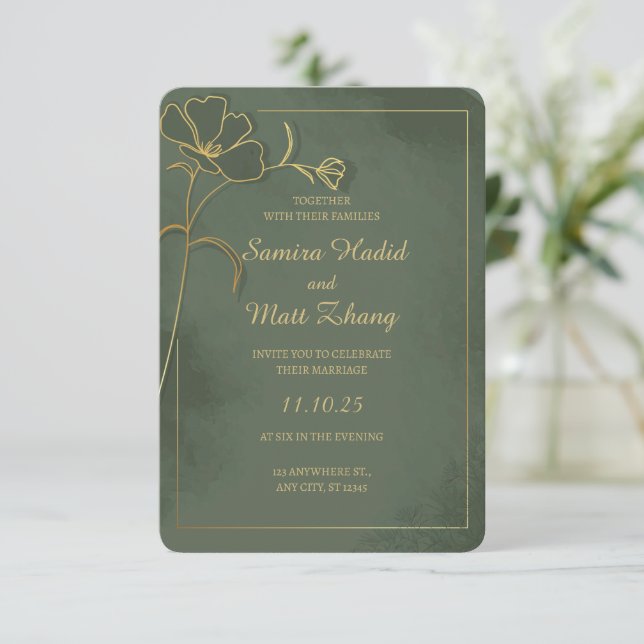Convite de Casamento Floral Elegante em Verde Sage (Em pé/Frente)