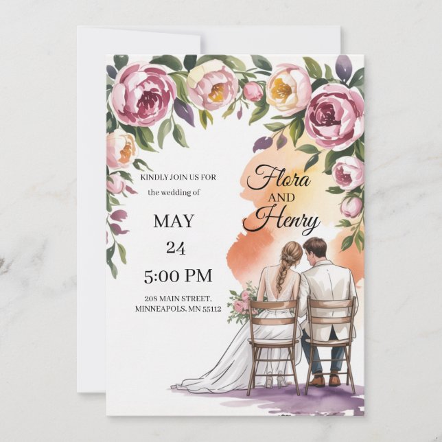 Convite de Casamento Floral Elegante | Garde Român (Frente)