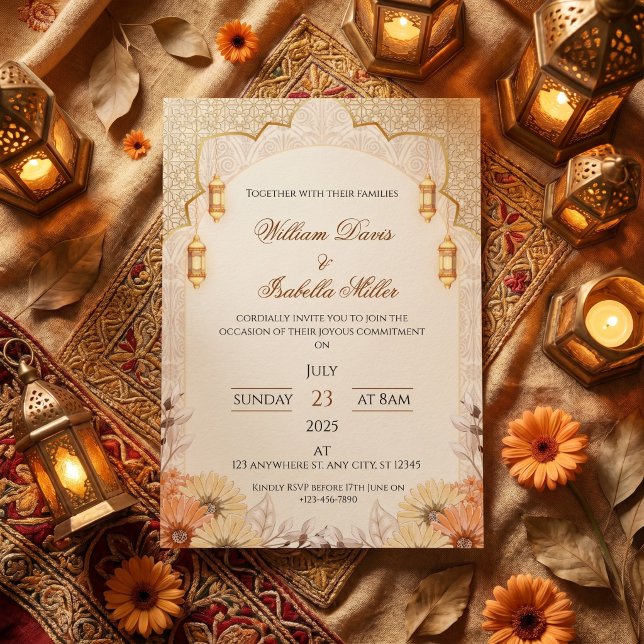 Convite de Casamento Floral Elegante Lanterna Árab (Criador carregado)