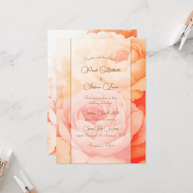 Convite de Casamento Floral Elegante Pêssego (Frente/Verso In Situ)