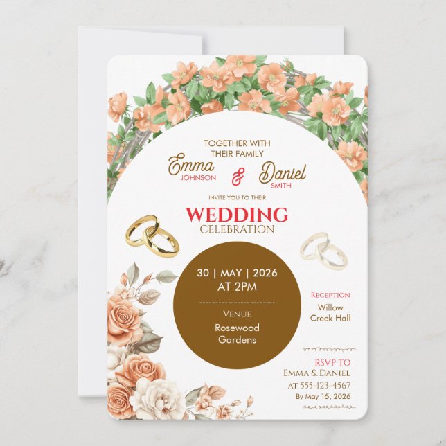 Convite de Casamento Floral Elegante – Pêssego e D (Frente)