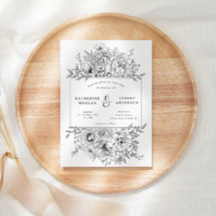Convite de Casamento Floral Elegante Preto e Branc