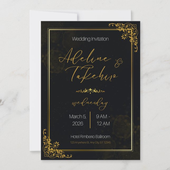 Convite de Casamento – Floral Elegante Preto e Dou (Frente)