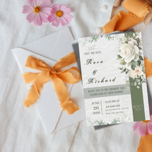 Convite de Casamento Floral Elegante & Salve a Dat (Criador carregado)