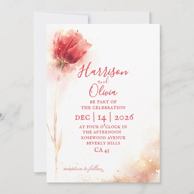 Convite de casamento floral elegante Tulipa Rosa E (Frente)