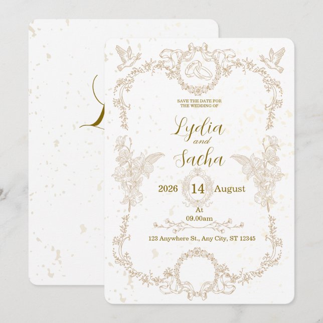 Convite de Casamento Floral Elegante Vintage (Frente/Verso)