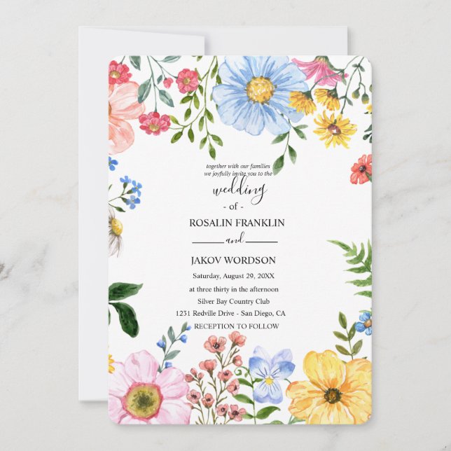 convite de casamento floral em aquarela (Frente)