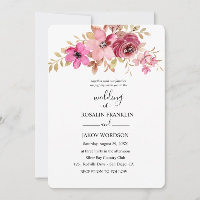 convite de casamento floral em aquarela (Frente)
