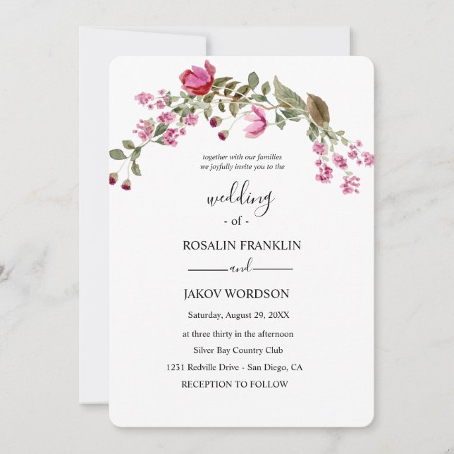 convite de casamento floral em aquarela (Frente)
