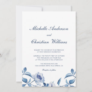 Convite de Casamento Floral em Aquarela Azul