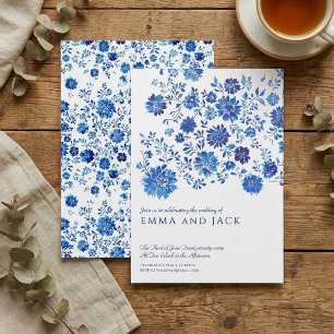 Convite de Casamento Floral em Aquarela Azul
