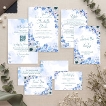 Convite de Casamento Floral em Aquarela Azul Desbo