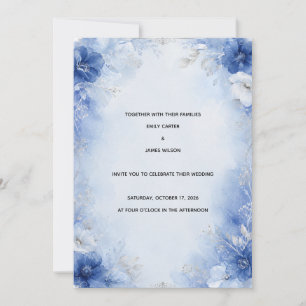 Convite de Casamento Floral em Aquarela Azul Elega
