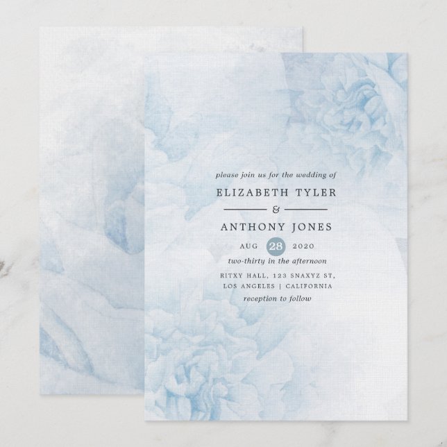 Convite de casamento floral em aquarela azul empoe (Frente/Verso)