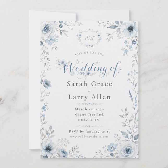 Convite de Casamento Floral em Aquarela Azul Empoe (Frente)
