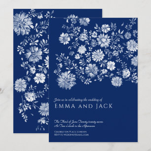 Convite de Casamento Floral em Aquarela Azul Marin