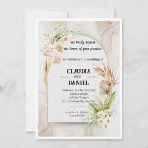 Convite de Casamento Floral em Aquarela Bege Elega