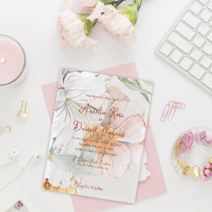 Convite de Casamento Floral em Aquarela Bege Ros