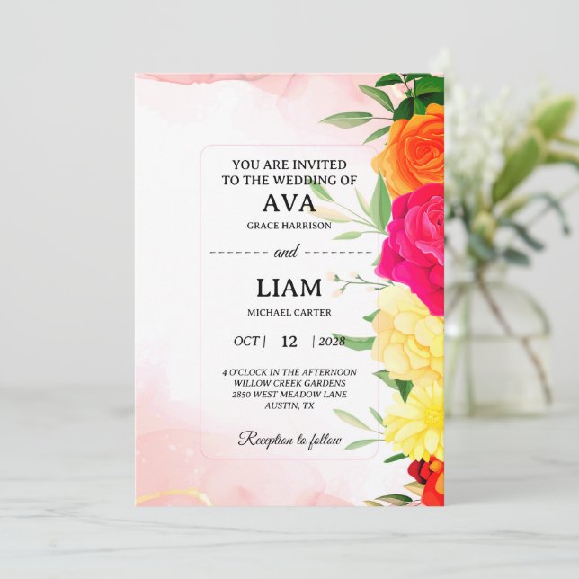 Convite de Casamento Floral em Aquarela Borgonha (Em pé/Frente)