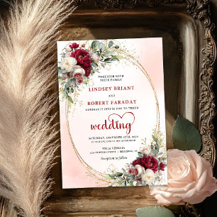 Convite de Casamento Floral em Aquarela Burgundy D