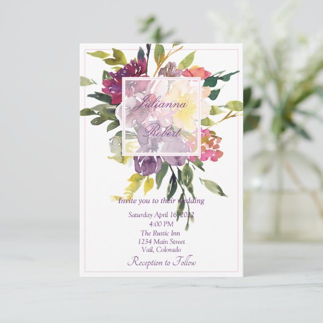 Convite de casamento floral em aquarela burgundy e (Em pé/Frente)