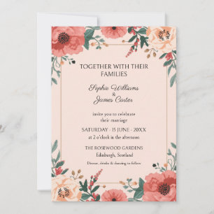 Convite de Casamento Floral em Aquarela Coral Rosa