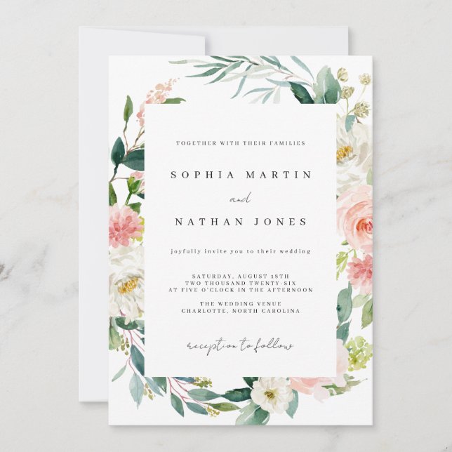 Convite de Casamento Floral em Aquarela de Primave (Frente)
