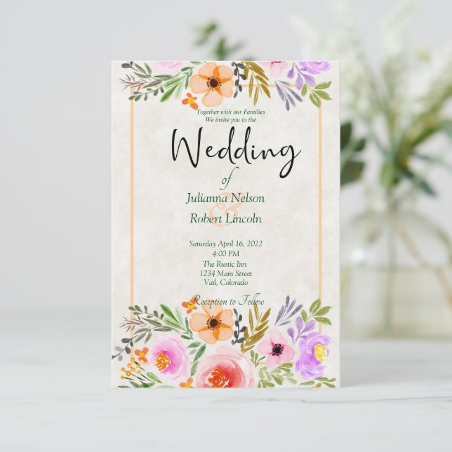 Convite de casamento floral em aquarela laranja e  (Em pé/Frente)