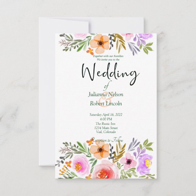 Convite de casamento floral em aquarela laranja e  (Frente)