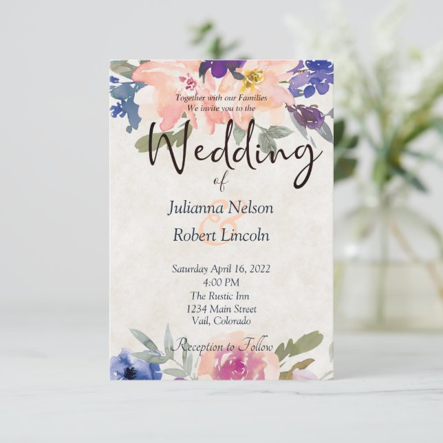 Convite de casamento floral em aquarela laranja e  (Em pé/Frente)