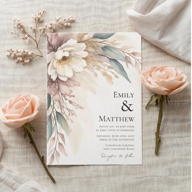 Convite de Casamento Floral em Aquarela Marfim (Criador carregado)