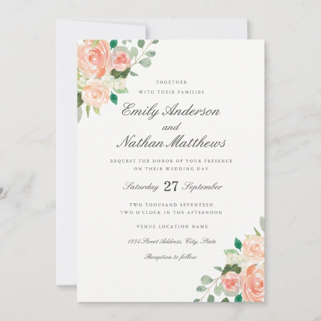 Convite de Casamento Floral em Aquarela Peach Blus (Frente)