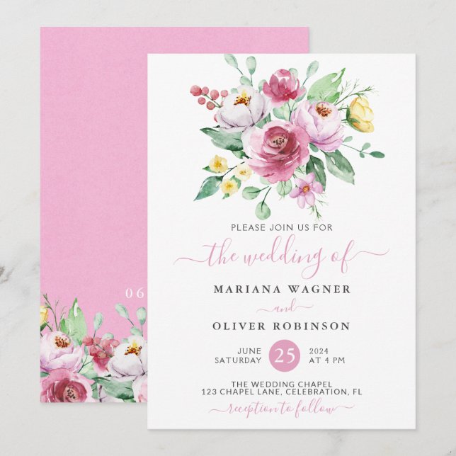 Convite de Casamento Floral em Aquarela Rosa (Frente/Verso)